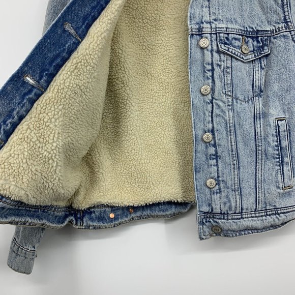 Old Navy Denim Jacket Sherpa Lined Button Light Blue Jean - Picture 7 of 11